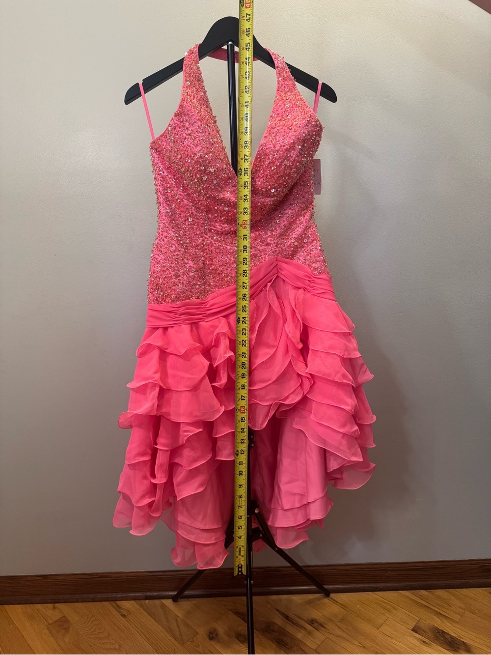 Pink Beaded V-Neck Ruffled Prom Dress - Picture 9 of 12